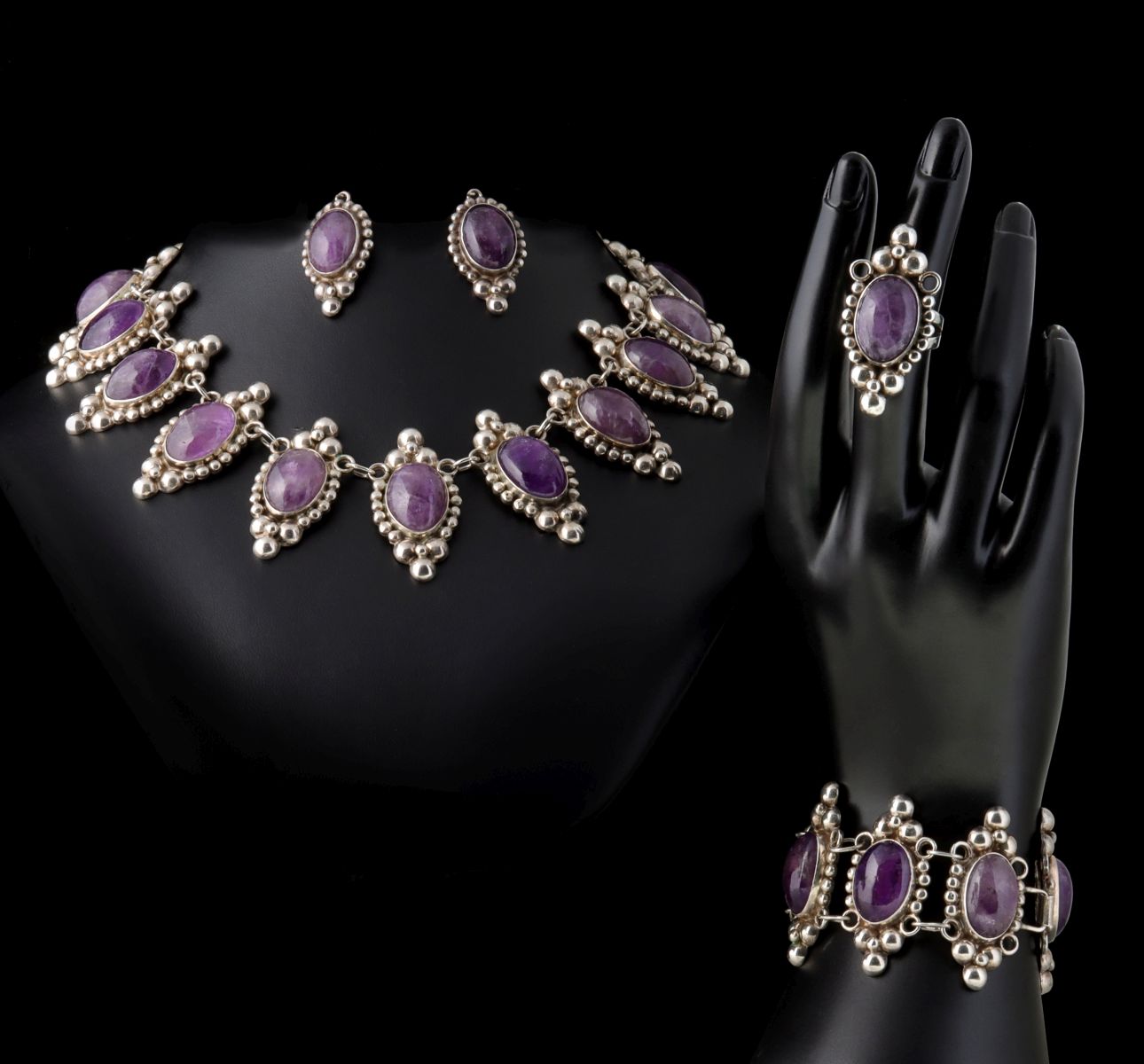 MEXICAN SILVER AND AMETHYST FOUR PIECE SUITE