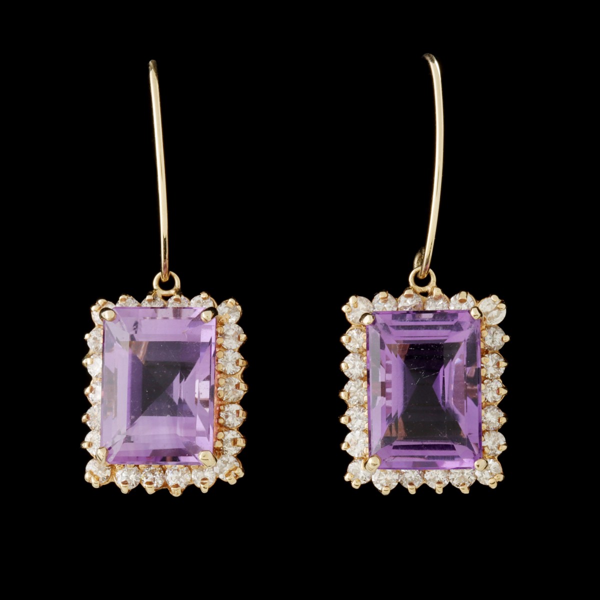 A PAIR AMETHYST AND DIAMOND 14K GOLD EARRINGS