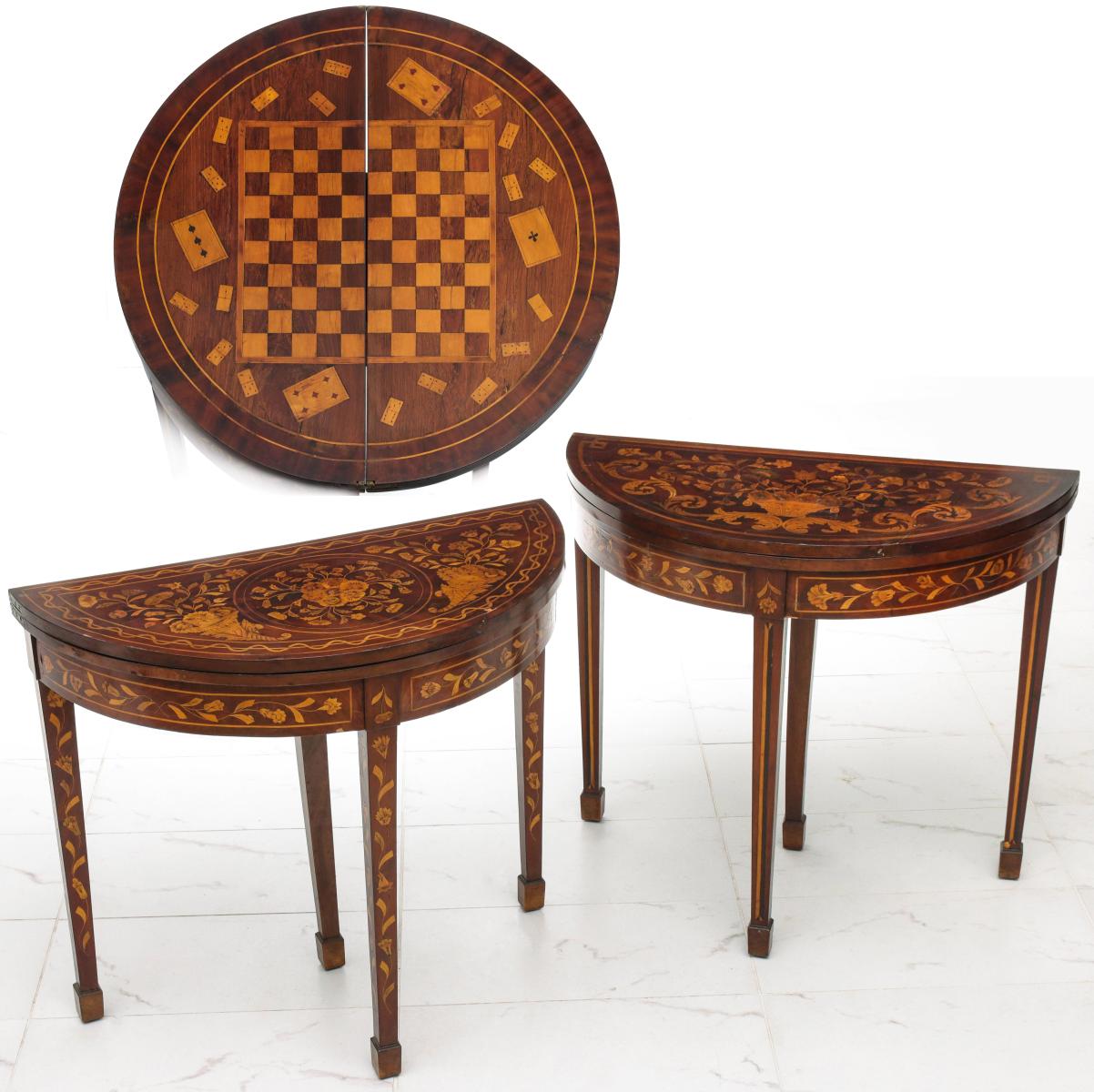 CIRCA 1800 DUTCH MAHOGANY AND INLAY GAME TABLE PAIR