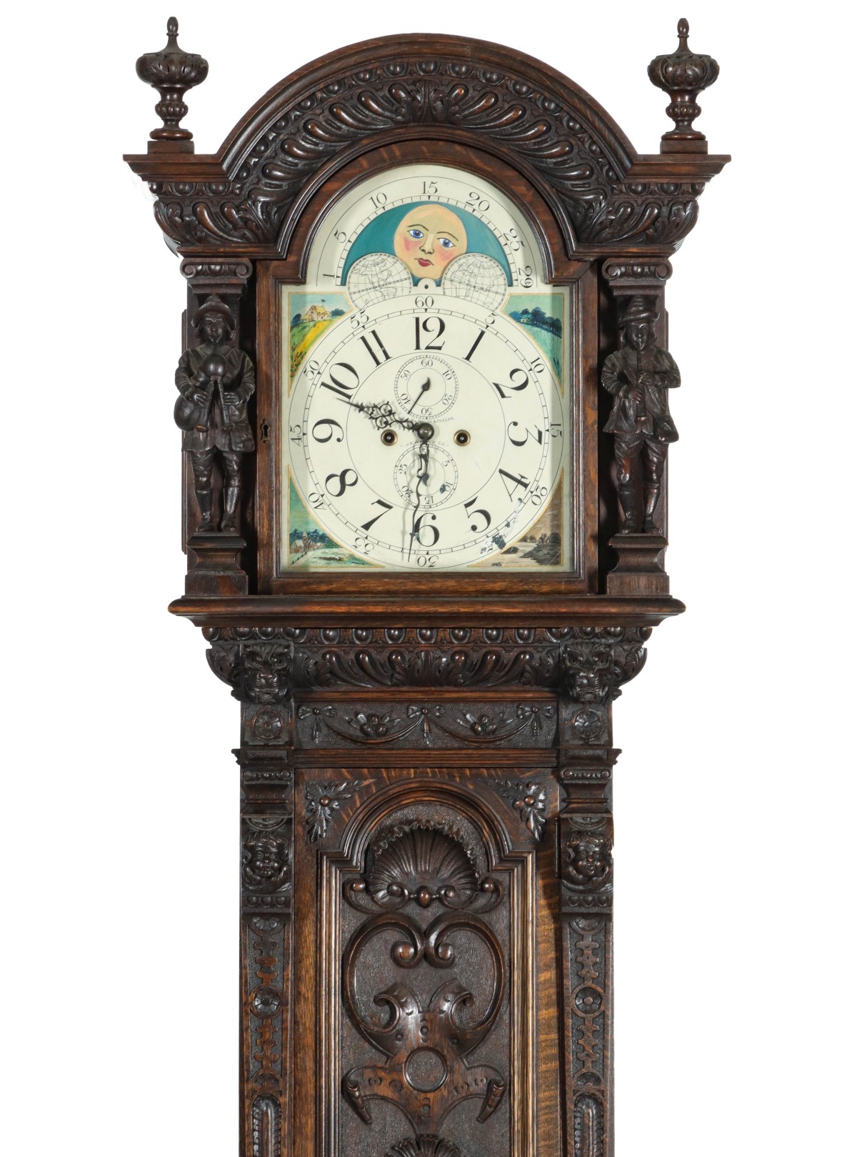 A HIGHLY CARVED OAK LONG CASE CLOCK WITH FIGURES C 1900