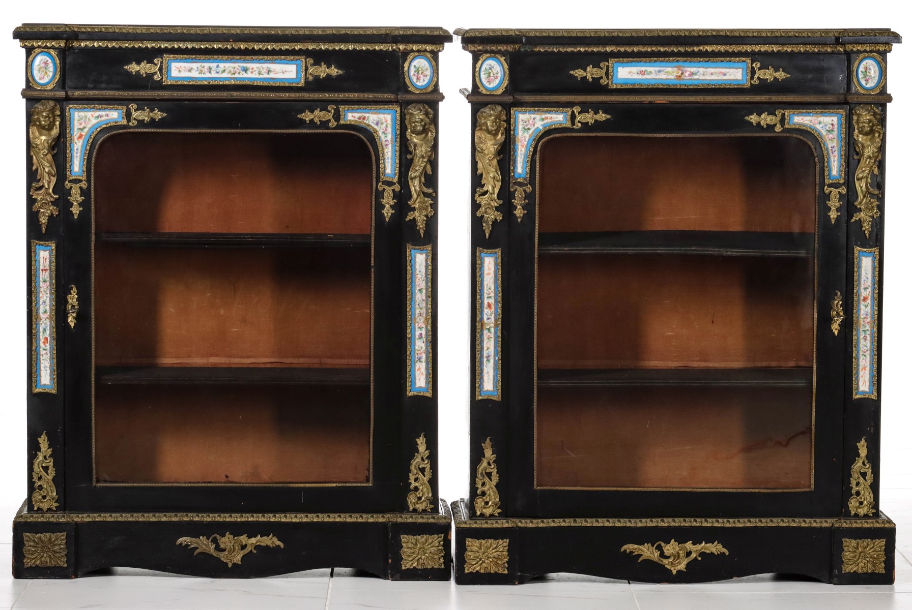 EBONIZED BRONZE MOUNTED VITRINES WITH PORCELAIN PLAQUES