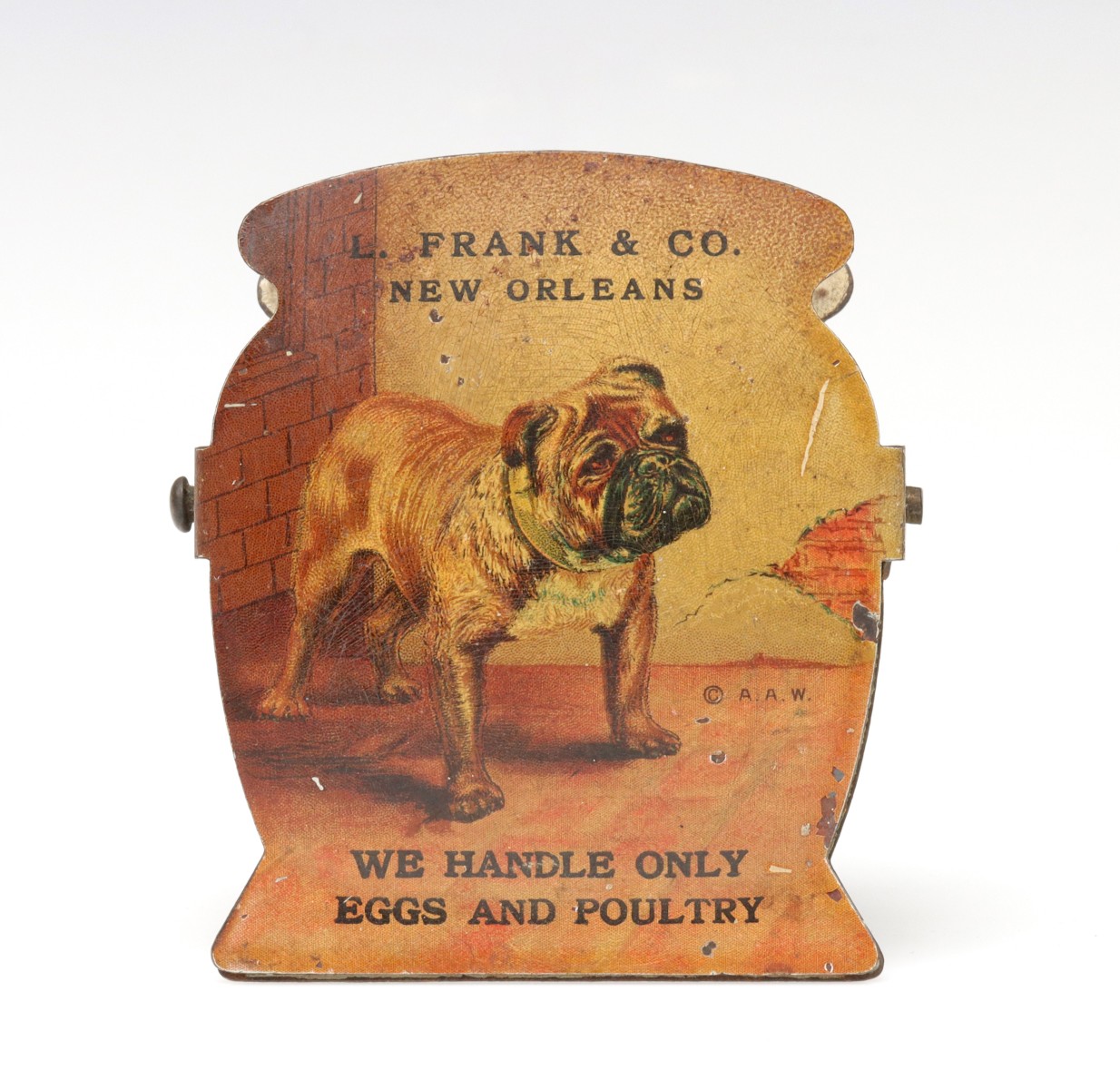 A TIN LITHO ADVERTISING BILL CLIP WITH BULLDOG C. 1920