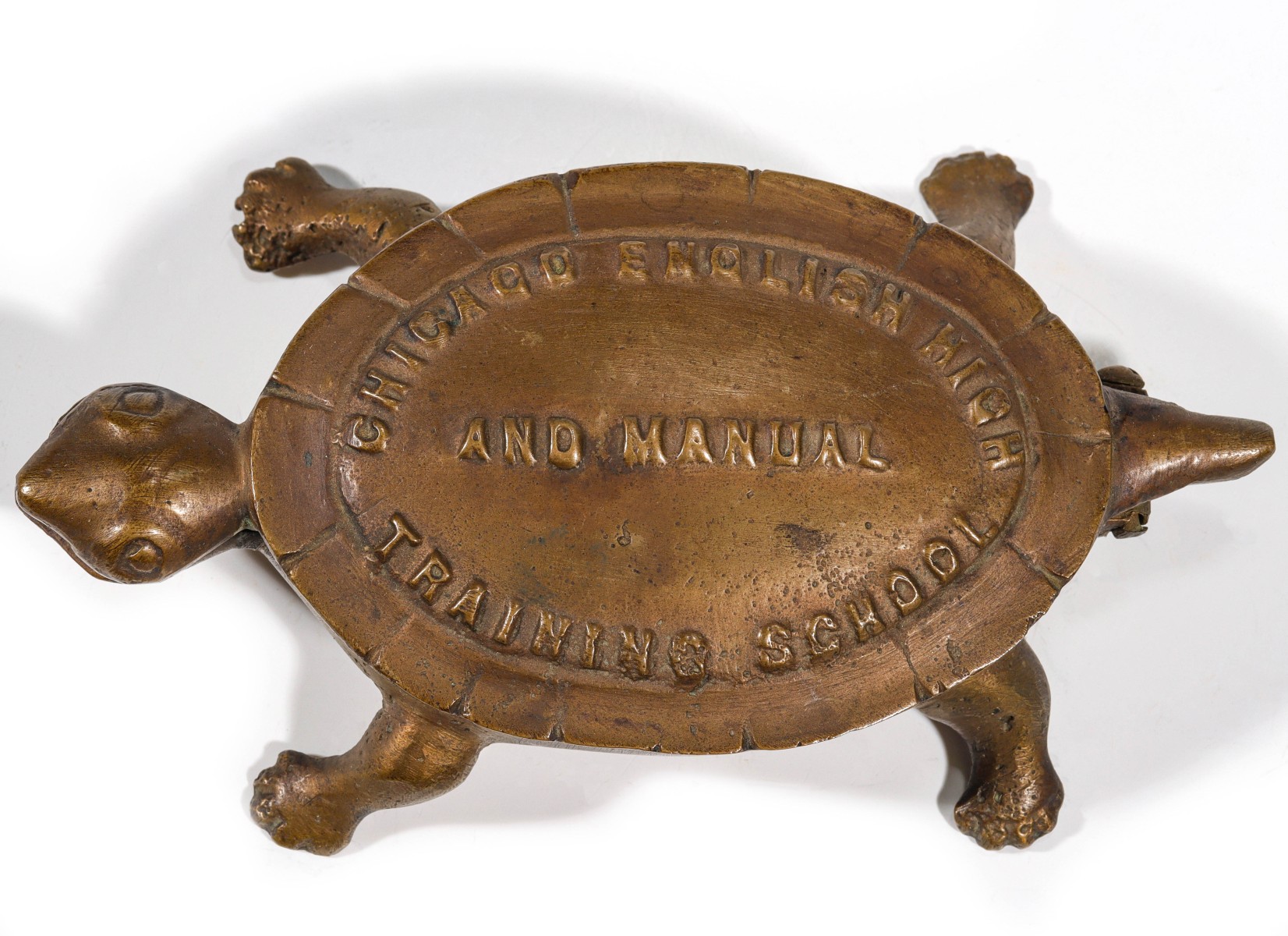 A BRASS CHICAGO BOY'S SCHOOL TURTLE MATCH SAFE C. 1900