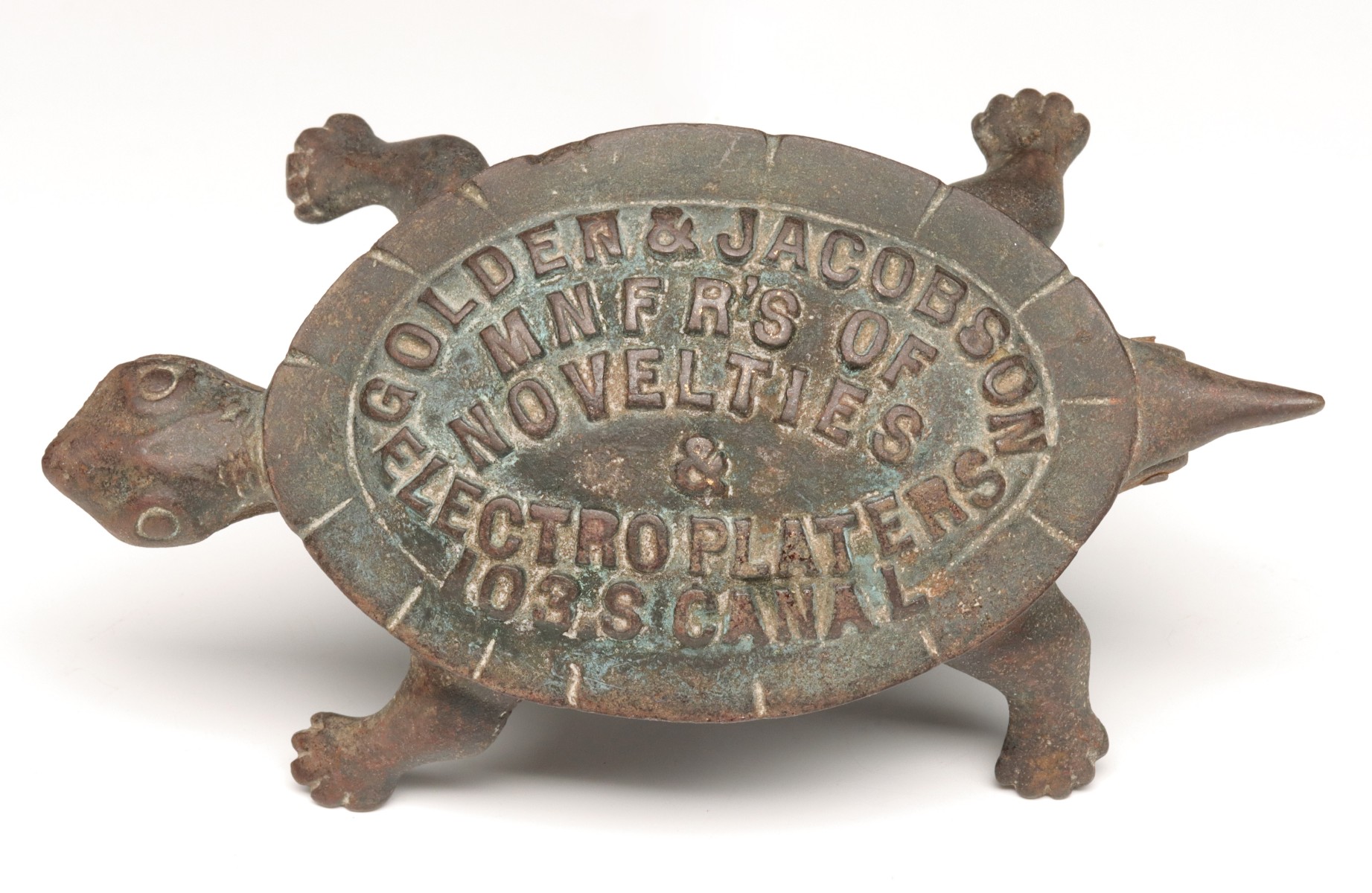 AN IRON TURTLE ADVERTISING MATCH SAFE C. 1900