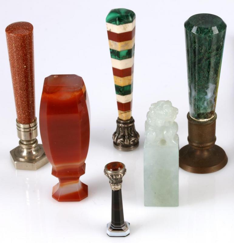 SIX VARIOUS SEMI-PRECIOUS DESK SEALS