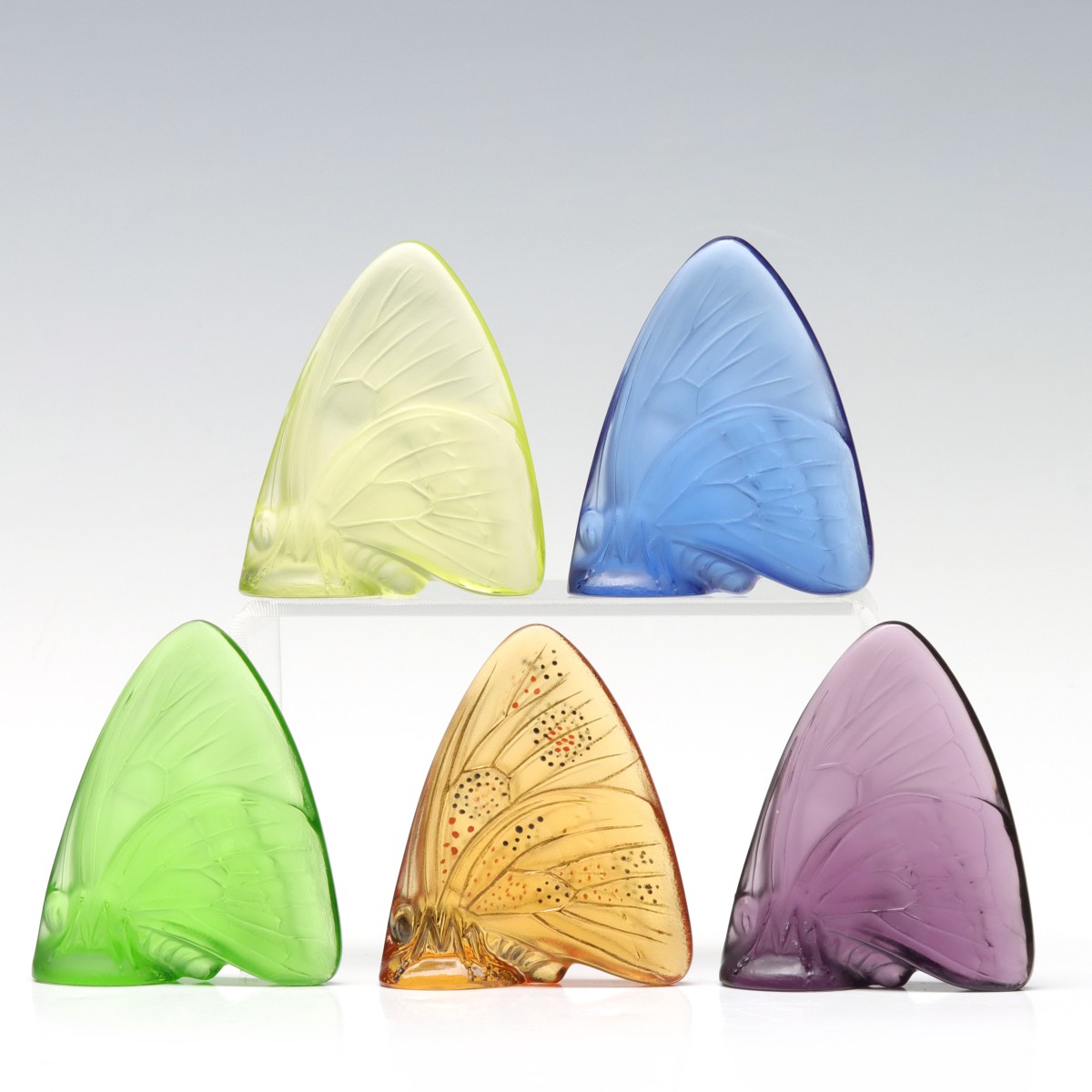 FIVE COLORED ART GLASS BUTTERFLIES SIGNED LALIQUE