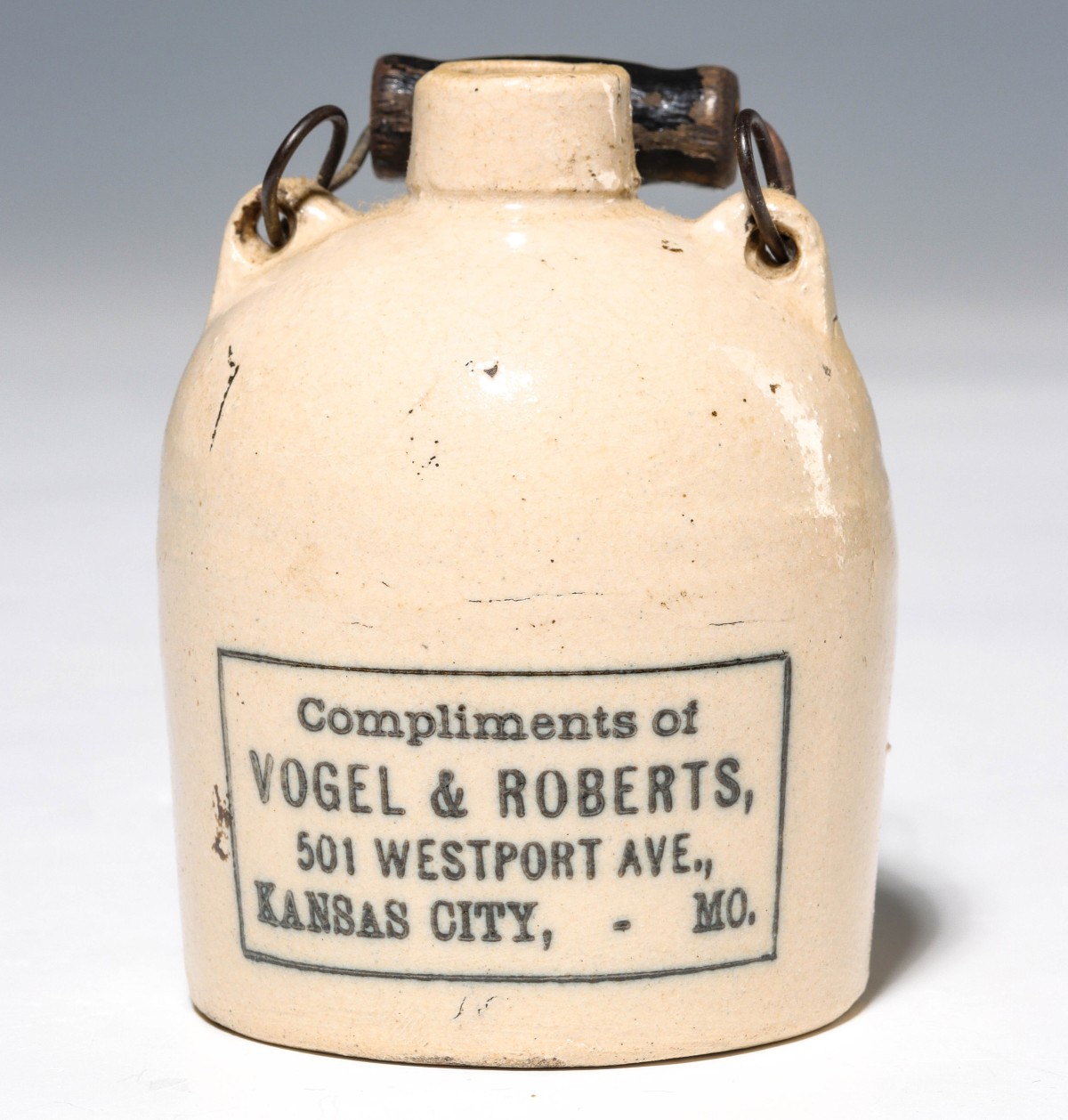 KANSAS CITY MISSOURI STONEWARE BAIL HANDLE MINI JUG