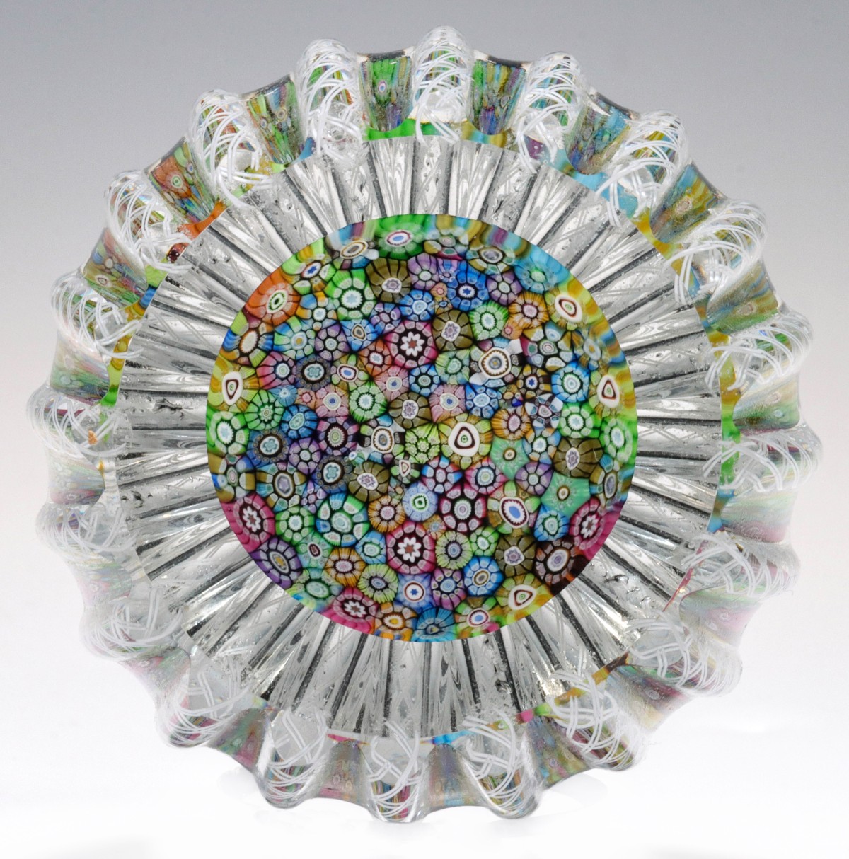 PERTHSHIRE LATTICINO RIB MILLEFIORI PAPERWEIGHT IN BOX