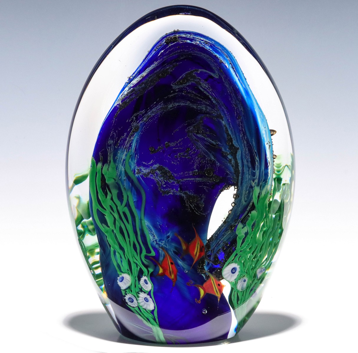 OCEAN WAVE PAPERWEIGHT W/ AQUATIC LIFE SIGNED ZELLIQUE