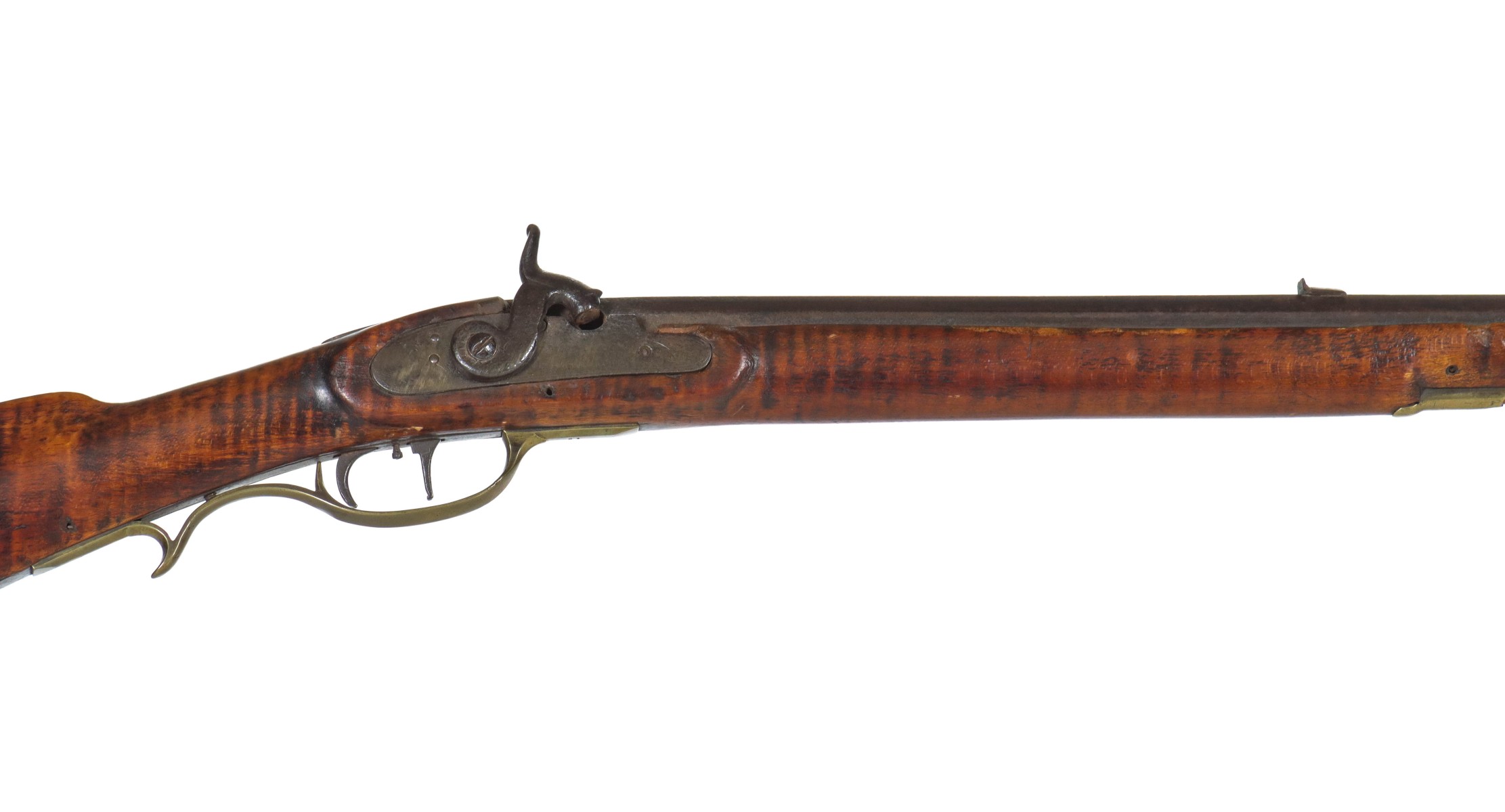 EARLY AMERICAN TIGER MAPLE BLACK POWDER RIFLE AS FOUND