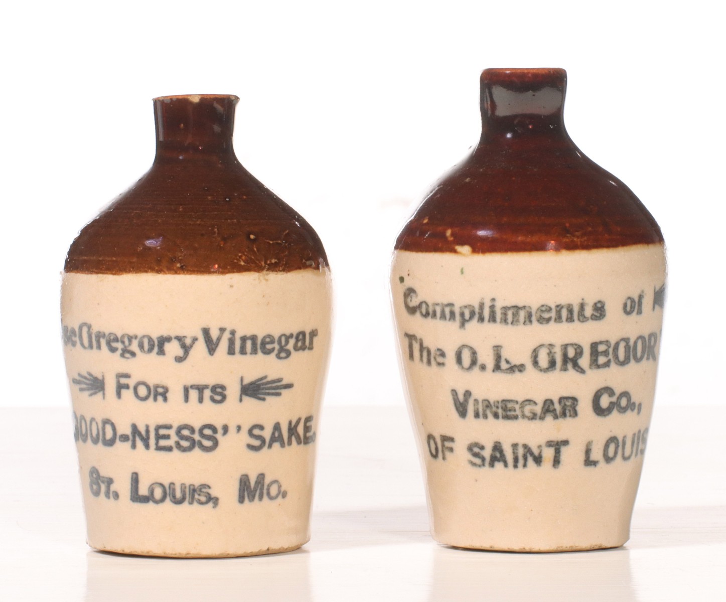 ST. LOUIS, MISSOURI VINEGAR STONEWARE MINI JUGS