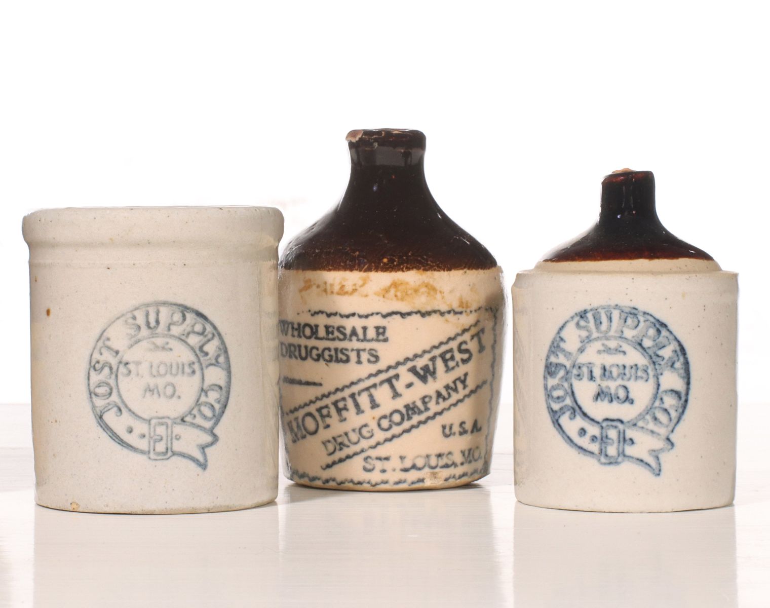 ST. LOUIS, MISSOURI STONEWARE MINI JUGS