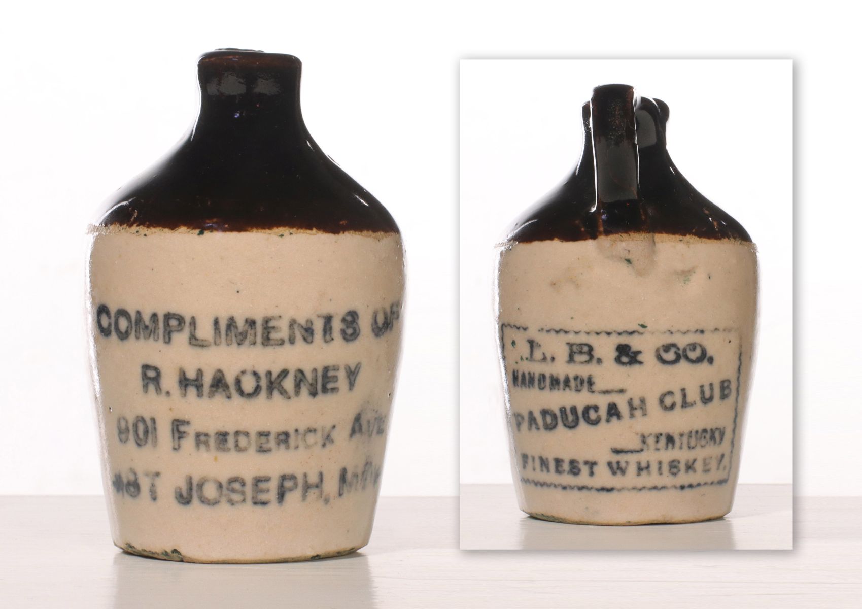 ST. JOSEPH, MISSOURI TWO-SIDED WHISKEY MINI JUG