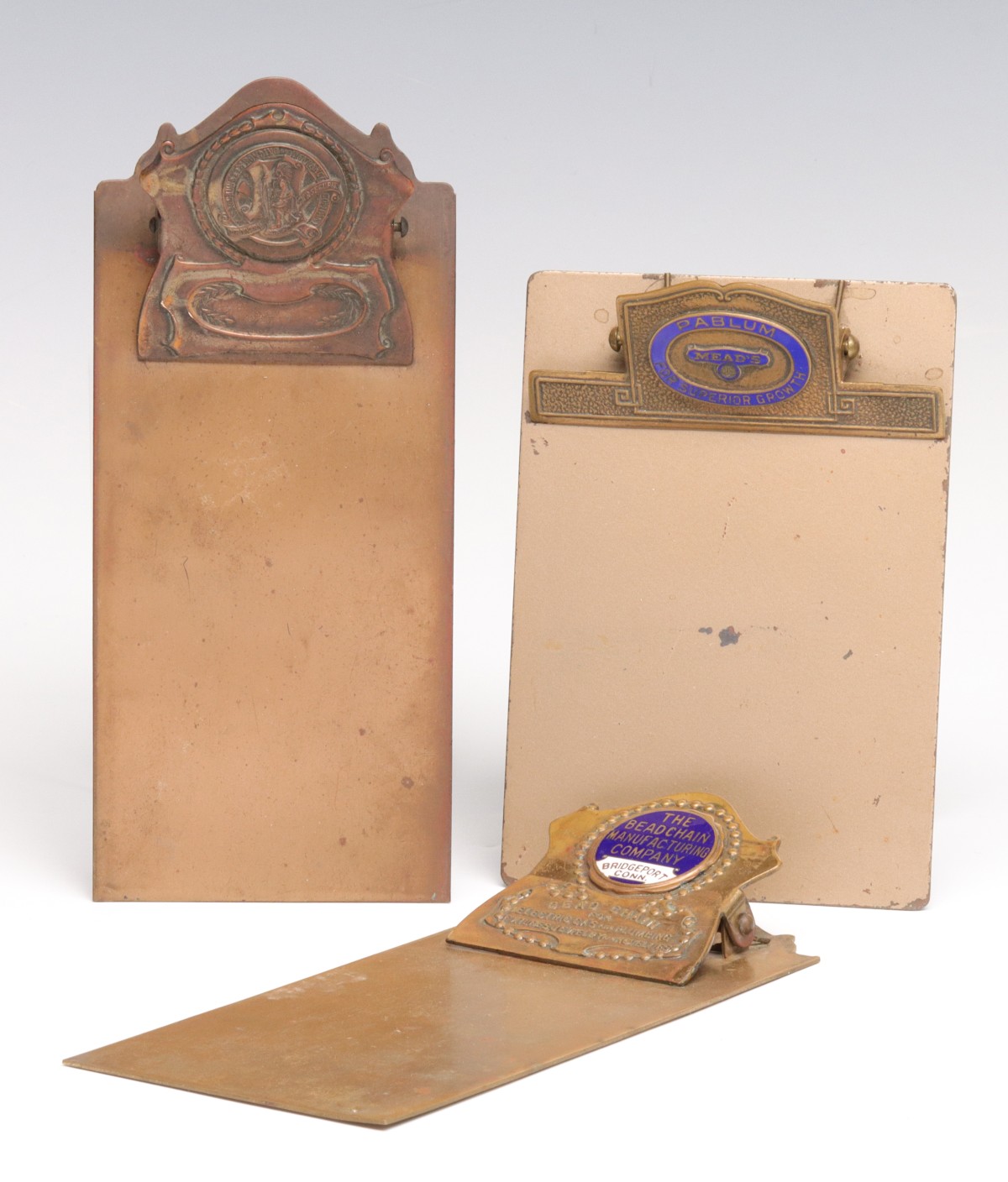 ENAMELED BRASS ADVERTISING CLIPBOARDS CIRCA 1920s