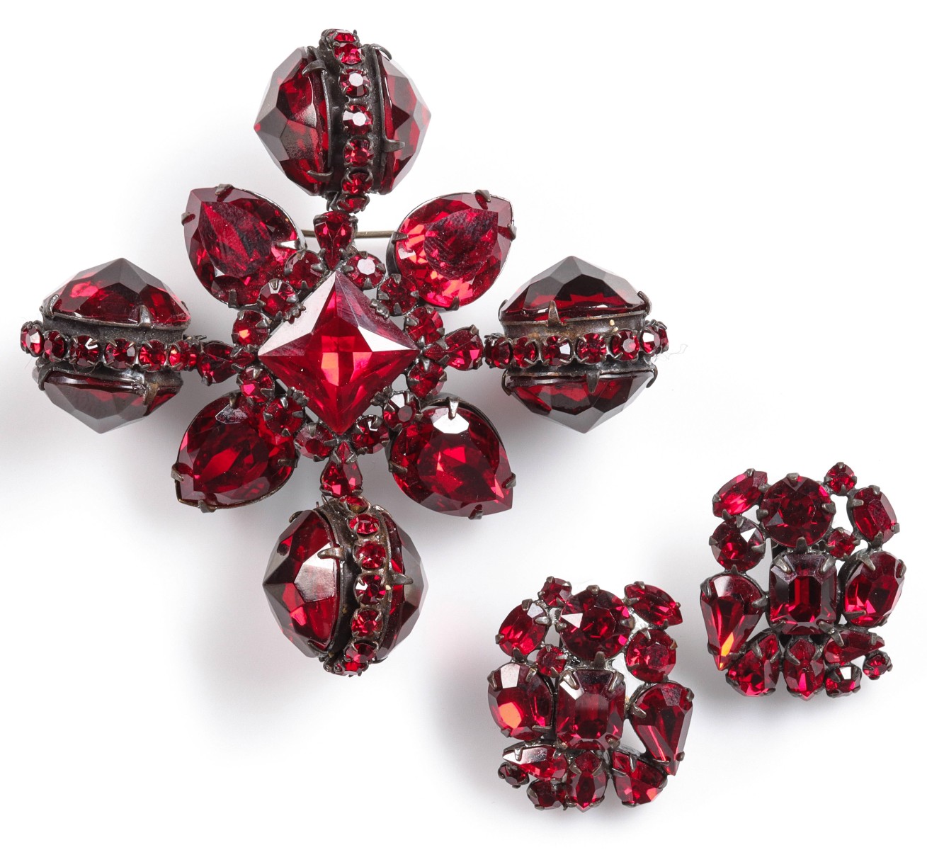 RUBY EARRINGS SIGNED SCHREINER WITH VERIFIED BROOCH