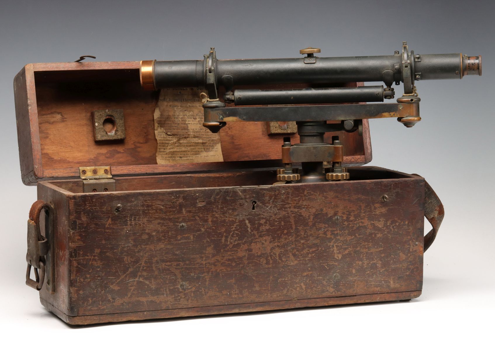 A BLACK ANODIZED BRASS SURVEYORS TRANSIT SIGNED BERGER