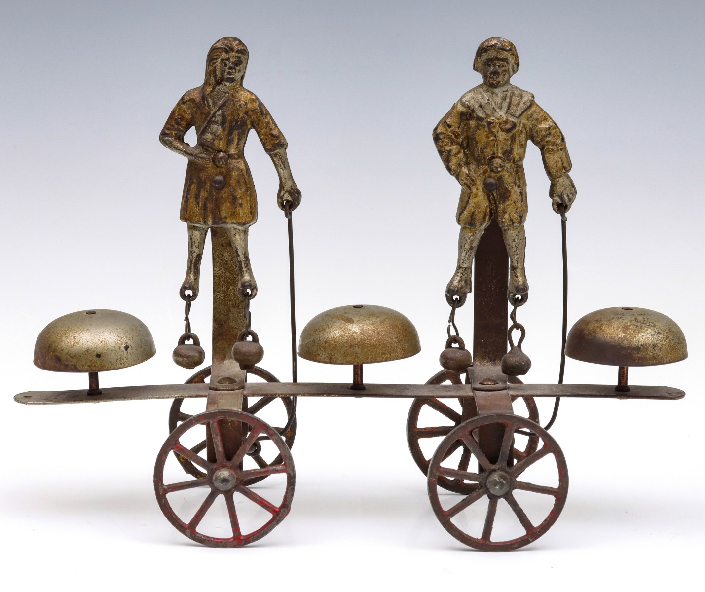 A 19C. AMERICAN BELL RINGER PULL TOY WITH JACK N JILL