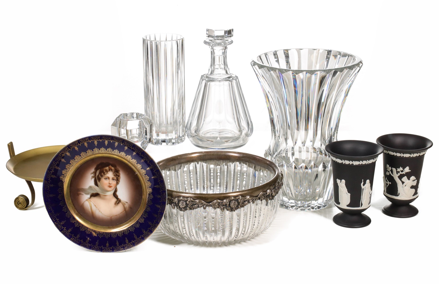 BACCARAT CRYSTAL, WEDGWOOD, CUT GLASS WITH STERLING