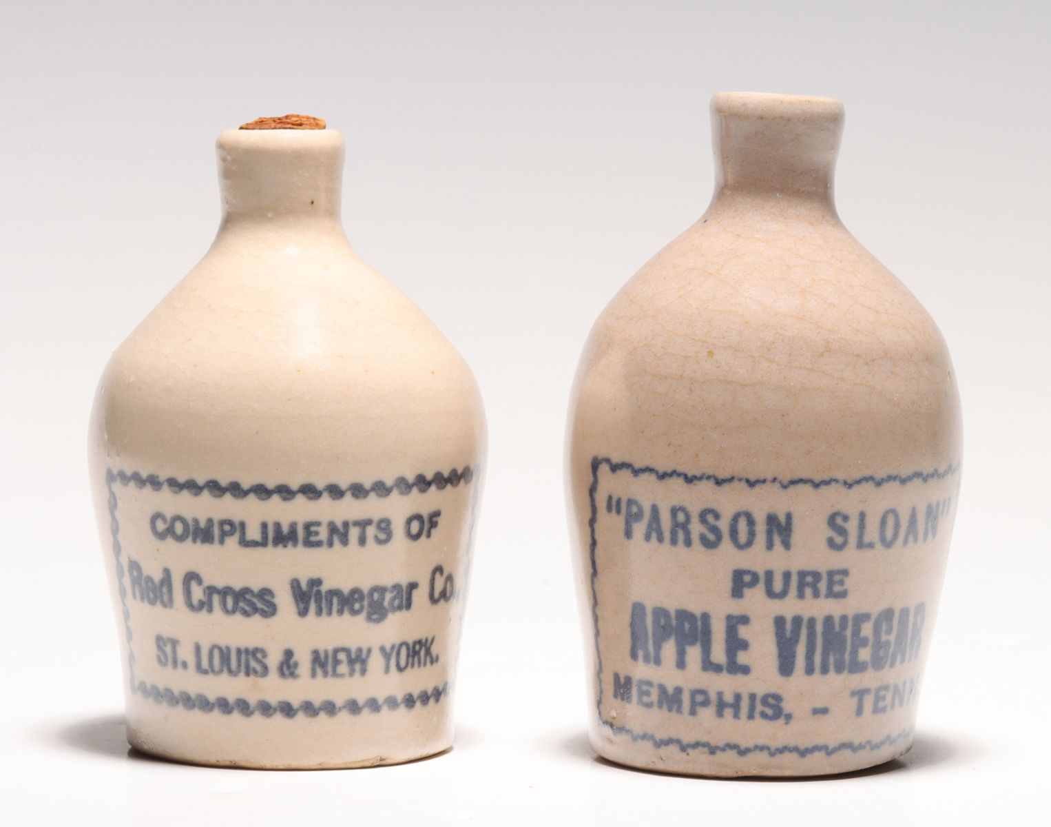 TWO VINEGAR ADVERTISING STONEWARE MINI JUGS