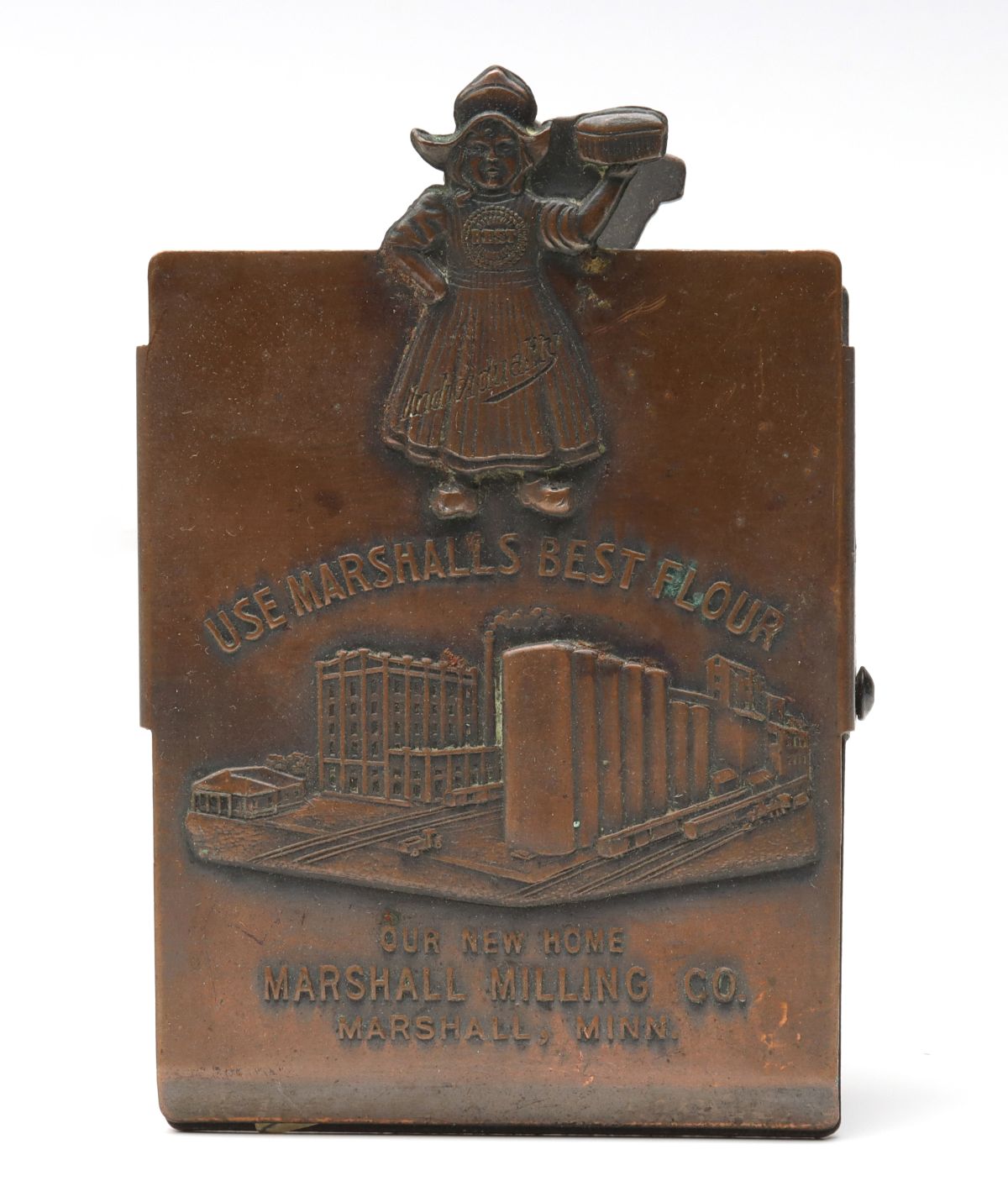 A PICTORIAL BRASS BILL CLIP FOR MARSHALL FLOUR C. 1920