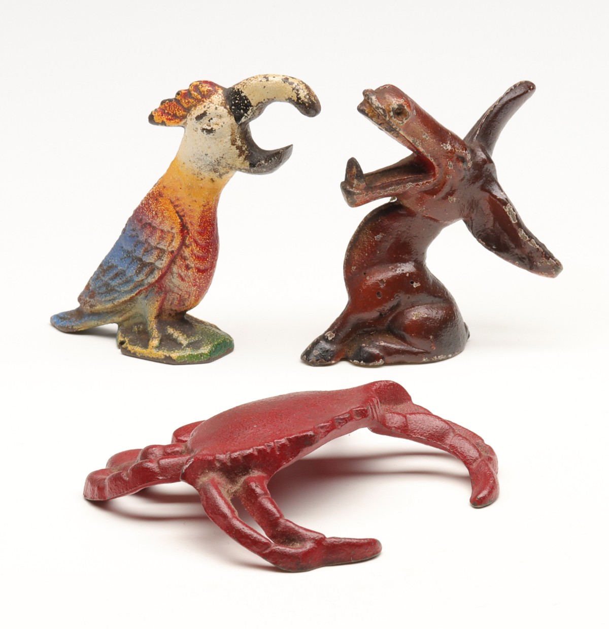 PARROT, DONKEY & CRAB FIGURAL IRON BOTTLE OPENERS