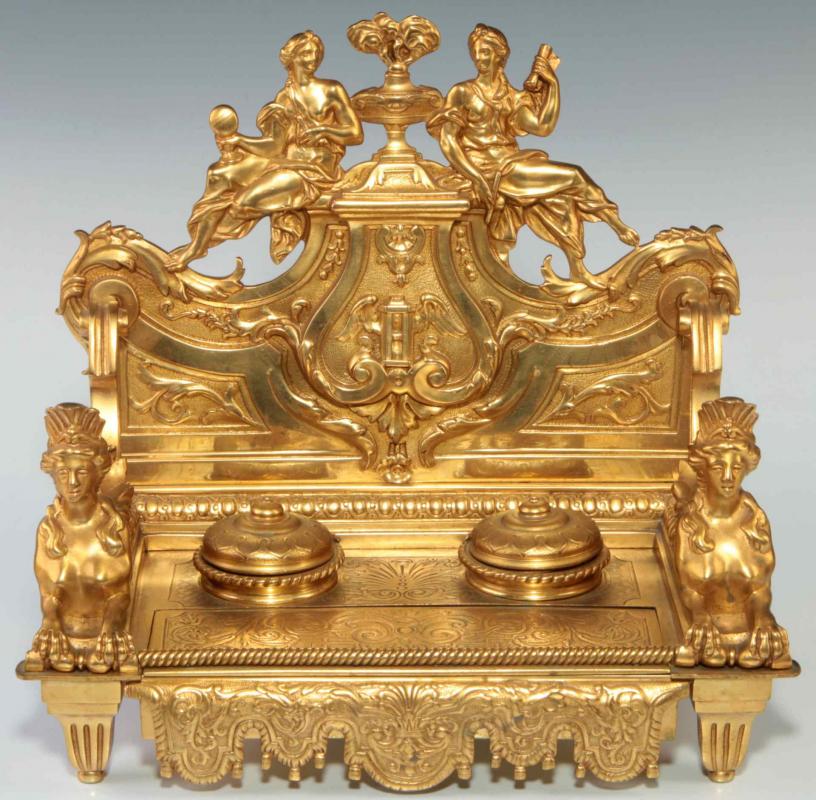 A NEO-CLASSICAL BRONZE DORE DOUBLE WELL INK STAND 