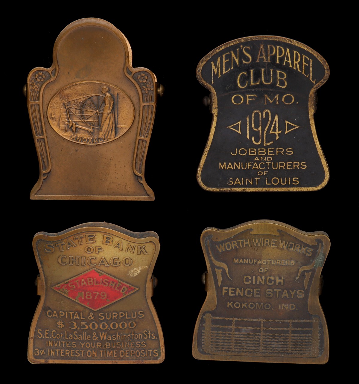 FOUR 1930s DETAILED BRASS ADVERTISING BILL CLIPS