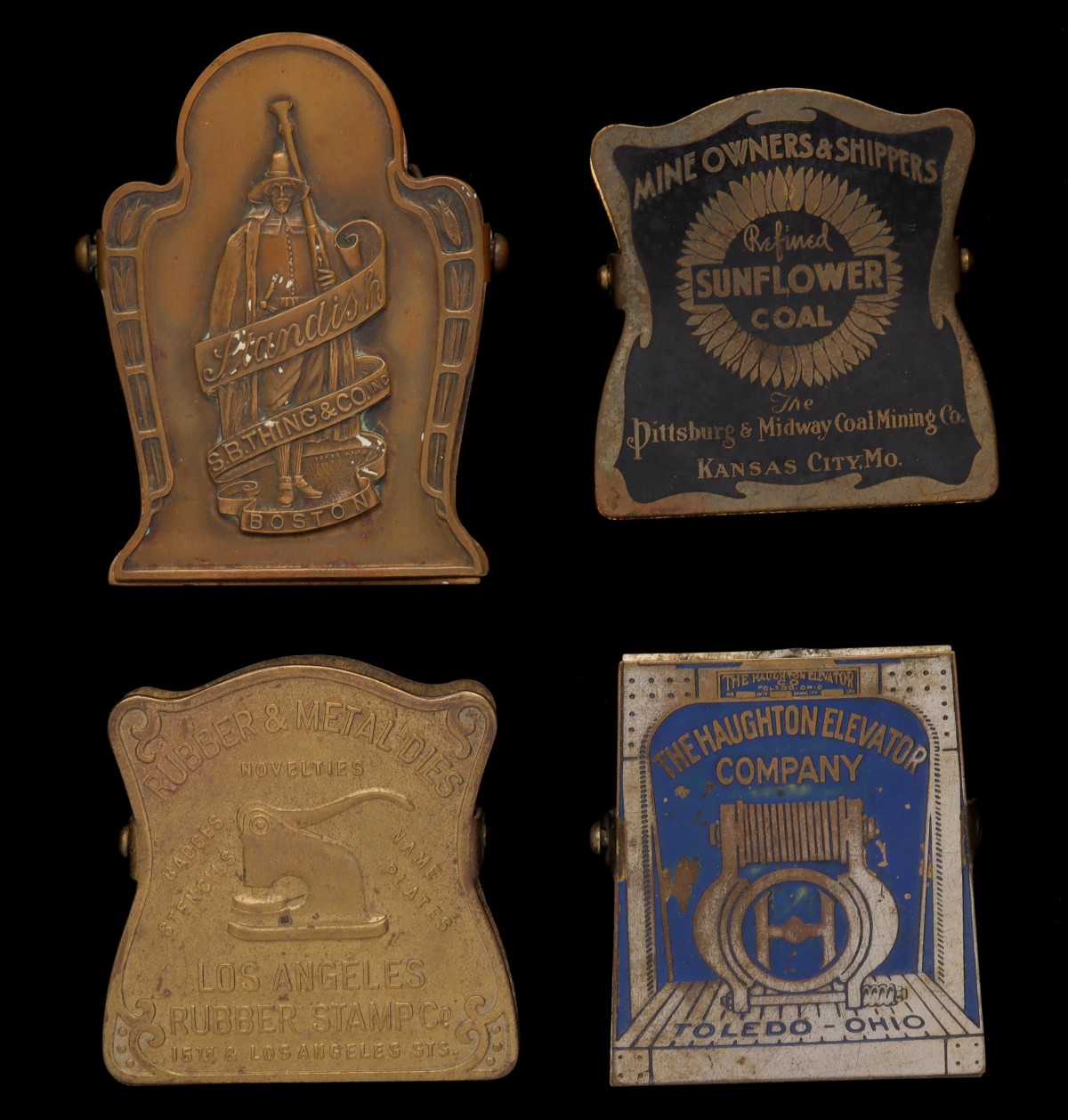 FOUR 1930s DETAILED BRASS ADVERTISING BILL CLIPS