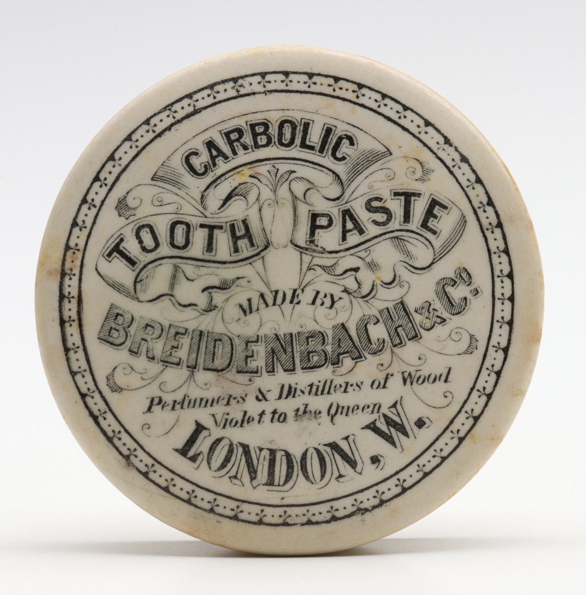 CARBOLIC TOOTH PASTE 19TH C. STAFFORDSHIRE POT LID