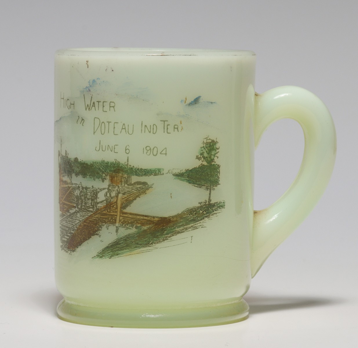 CUSTARD STRIKER MUG ''HIGH WATER IN DOTEAU INDIAN TER''