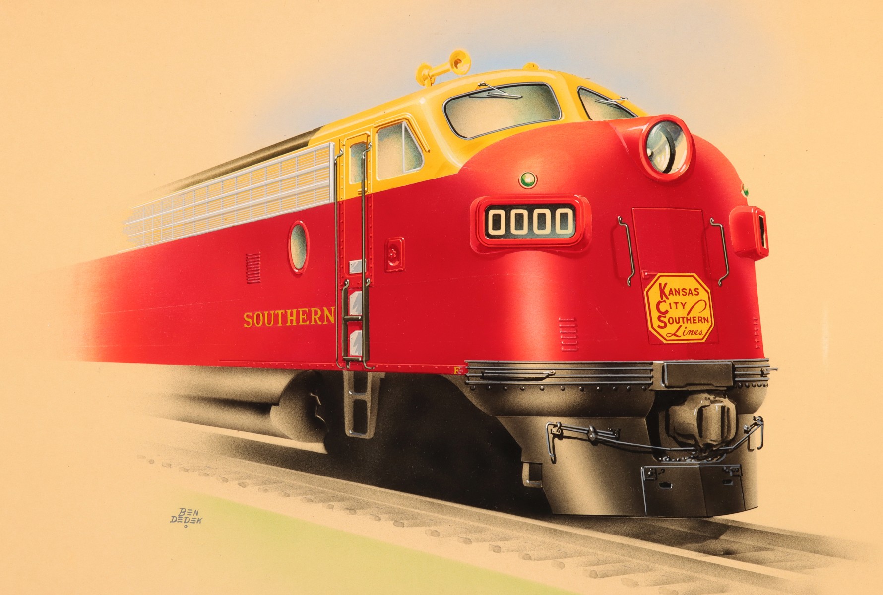 BEN DEDEK PAINTING OF KC SOUTHERN LOCOMOTIVE FOR EMD