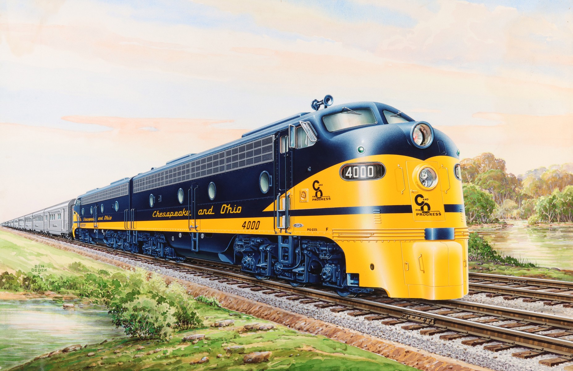 BEN DEDEK PAINTING OF C&O STREAMLINER LOCOMOTIVE #4000