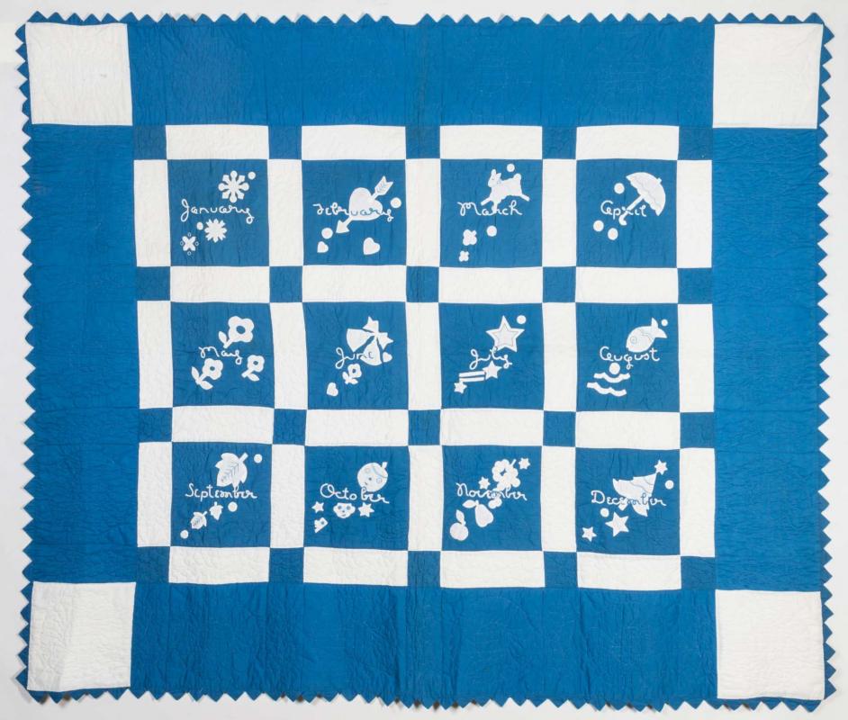 VINTAGE BLUE AND WHITE APPLIQUE CALENDAR QUILT