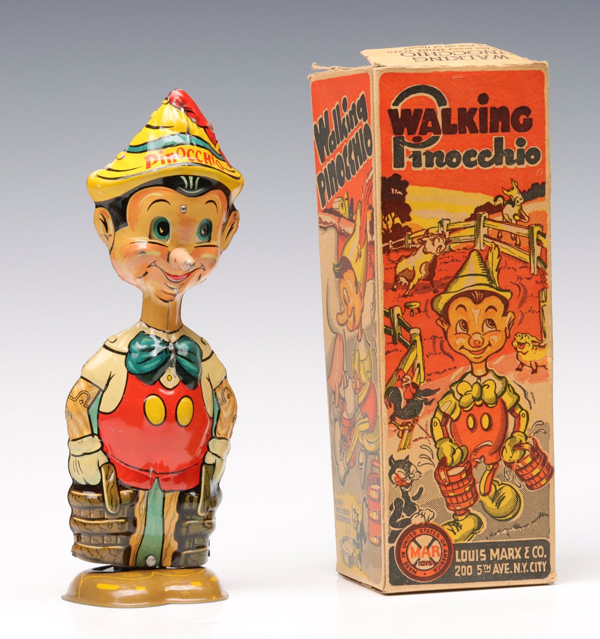 LOUIS MARX WALKING PINOCCHIO TIN W/UP TOY IN BOX