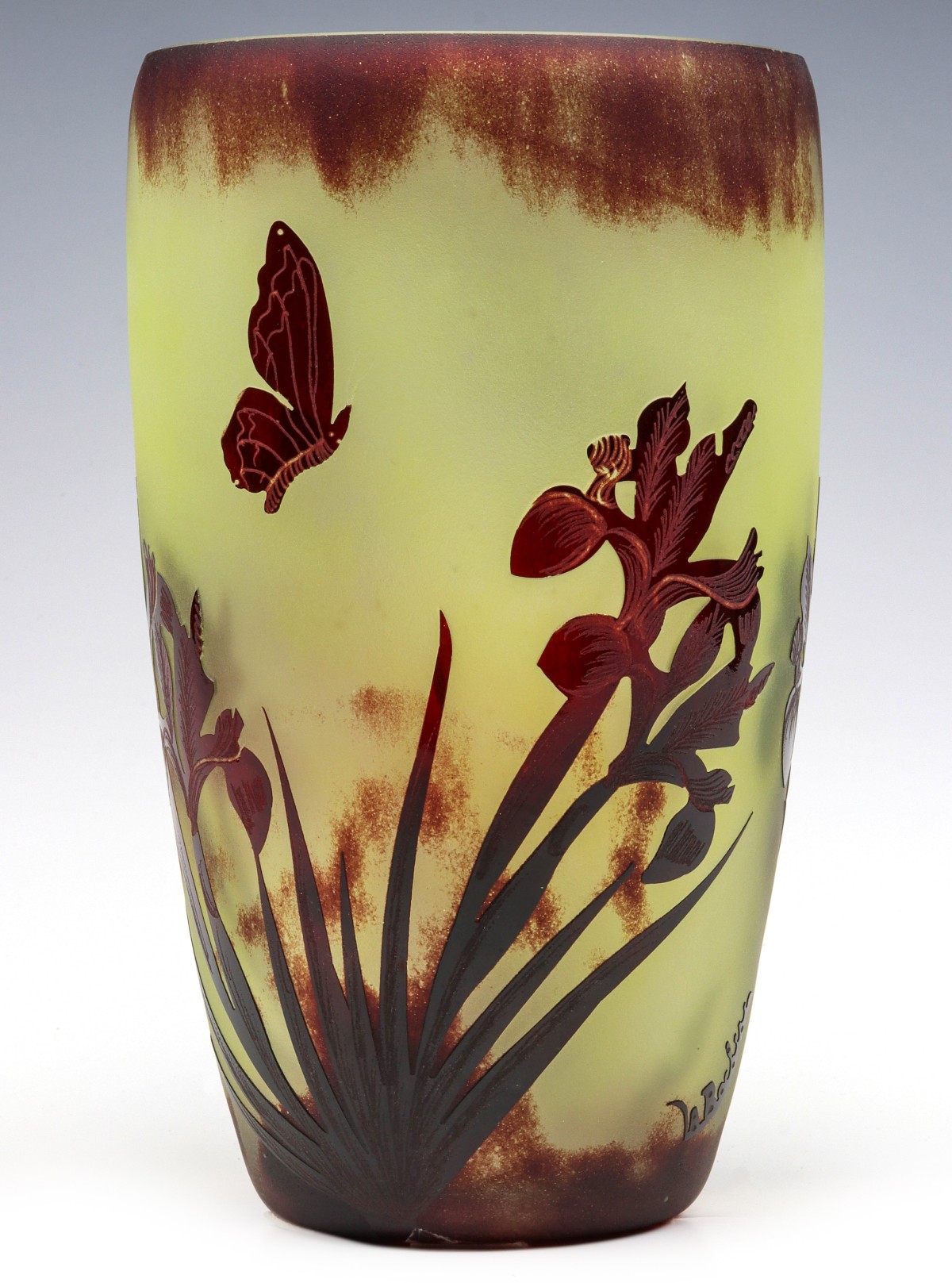 LaROCHELLE FRENCH ART GLASS CAMEO VASE, IRIS BUTTERFLY