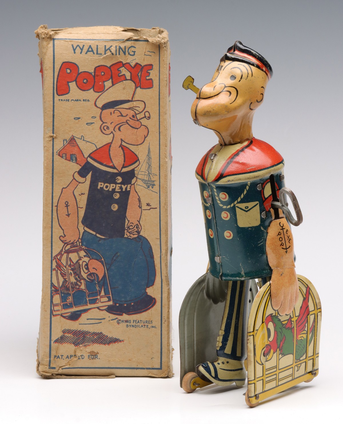 A LOUIS MARX WALKING POPEYE TIN LITHO TOY IN BOX