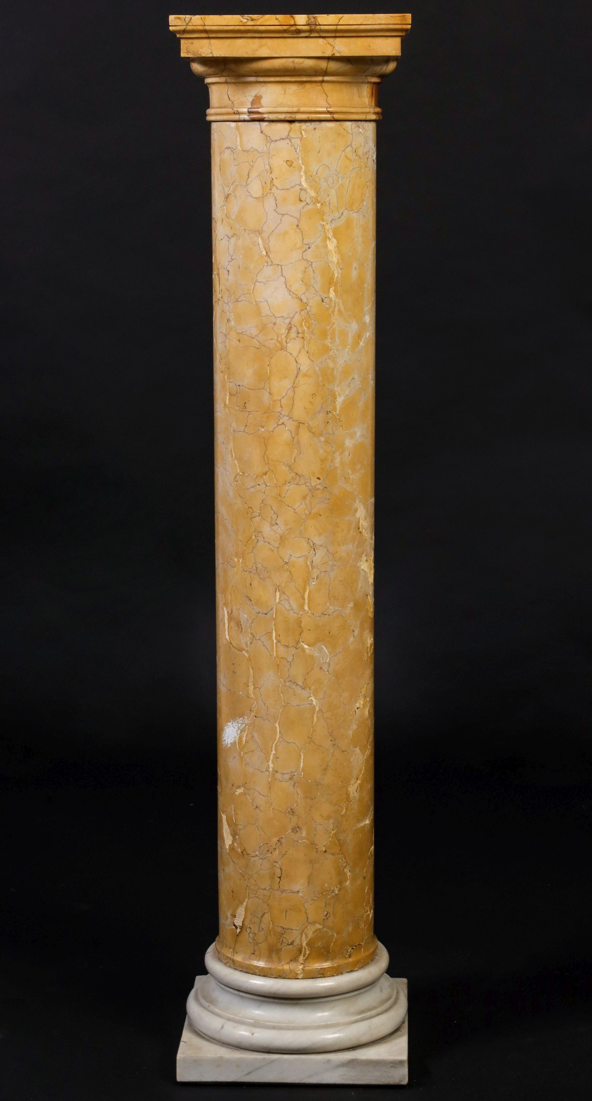 A SIENNA MARBLE PEDESTAL ON WHITE CARRARA MARBLE BASE