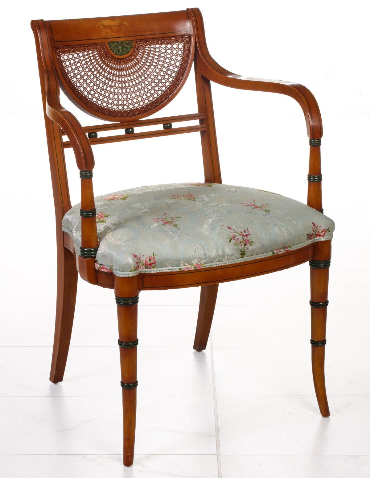 A 20TH CENTURY ADAM STYLE CANED AND PAINTED ARM CHAIR