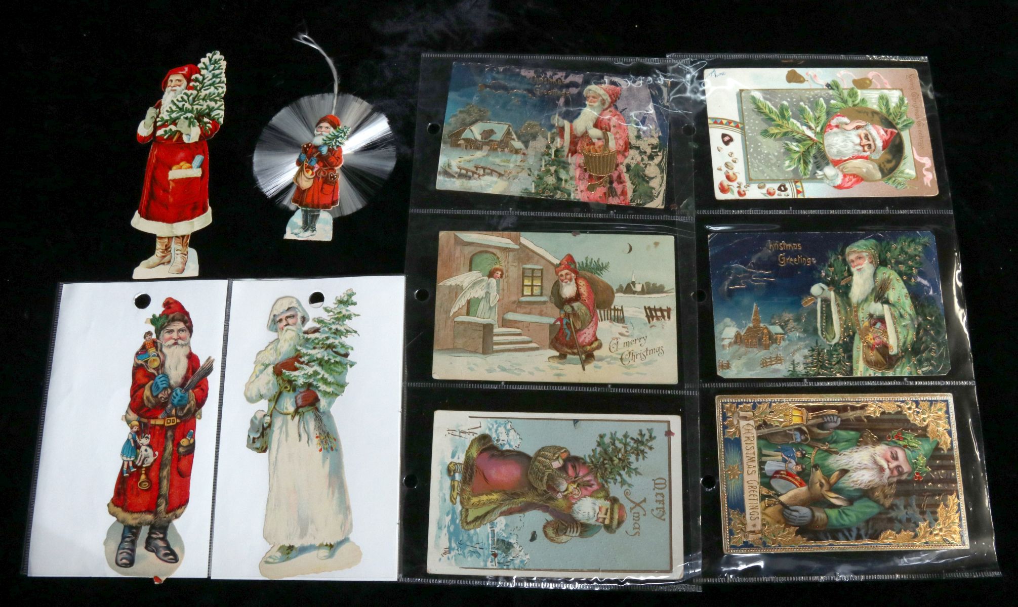 100 ANTIQUE SANTA POST CARDS, DIE-CUT CHROMOS, MORE