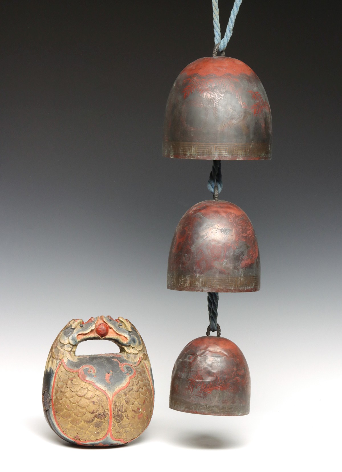 ANTIQUE JAPANESE ZEN-BUDDHIST CEREMONIAL BELLS AND DRUM