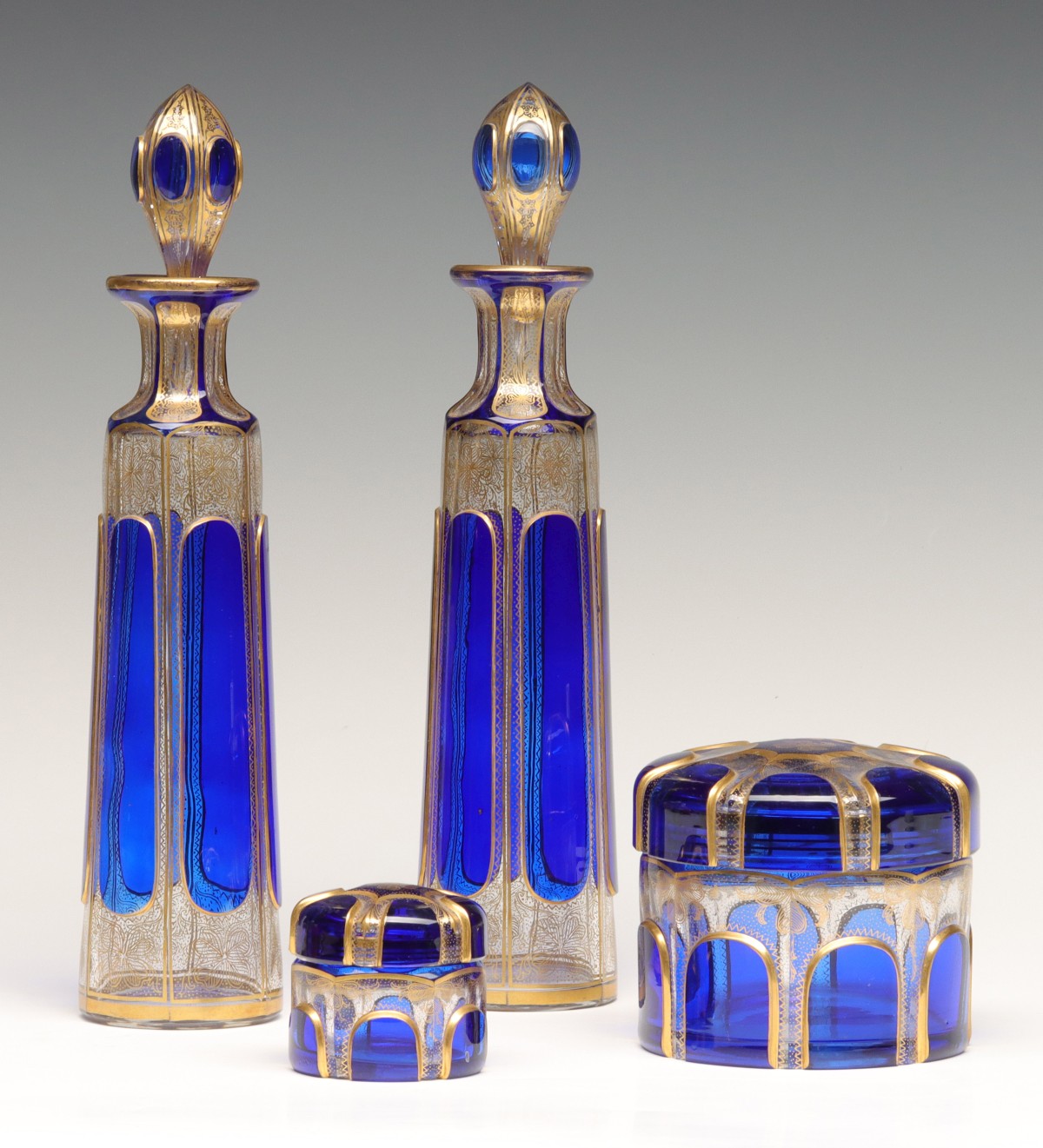 A MOSER CRYSTAL COBALT TO CLEAR AND GOLD DRESSER SET