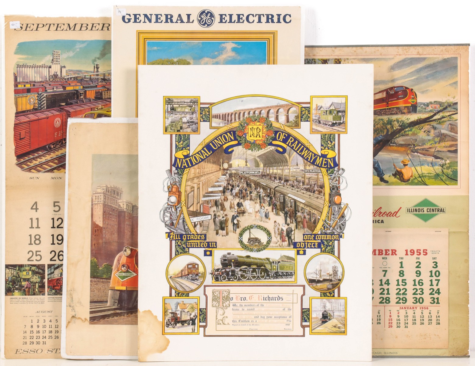 FIVE RAILROAD CALENDARS AND PRINTS 1940-1950