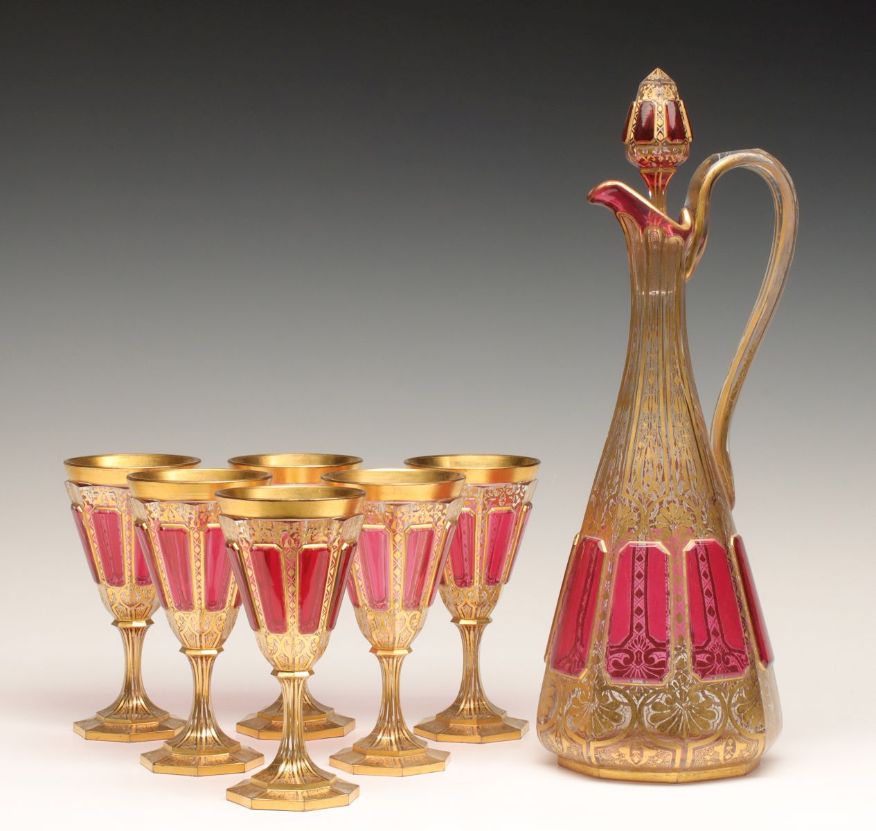 AN EXCEPTIONAL MOSER RUBY CABOCHON LIQUEUR SET