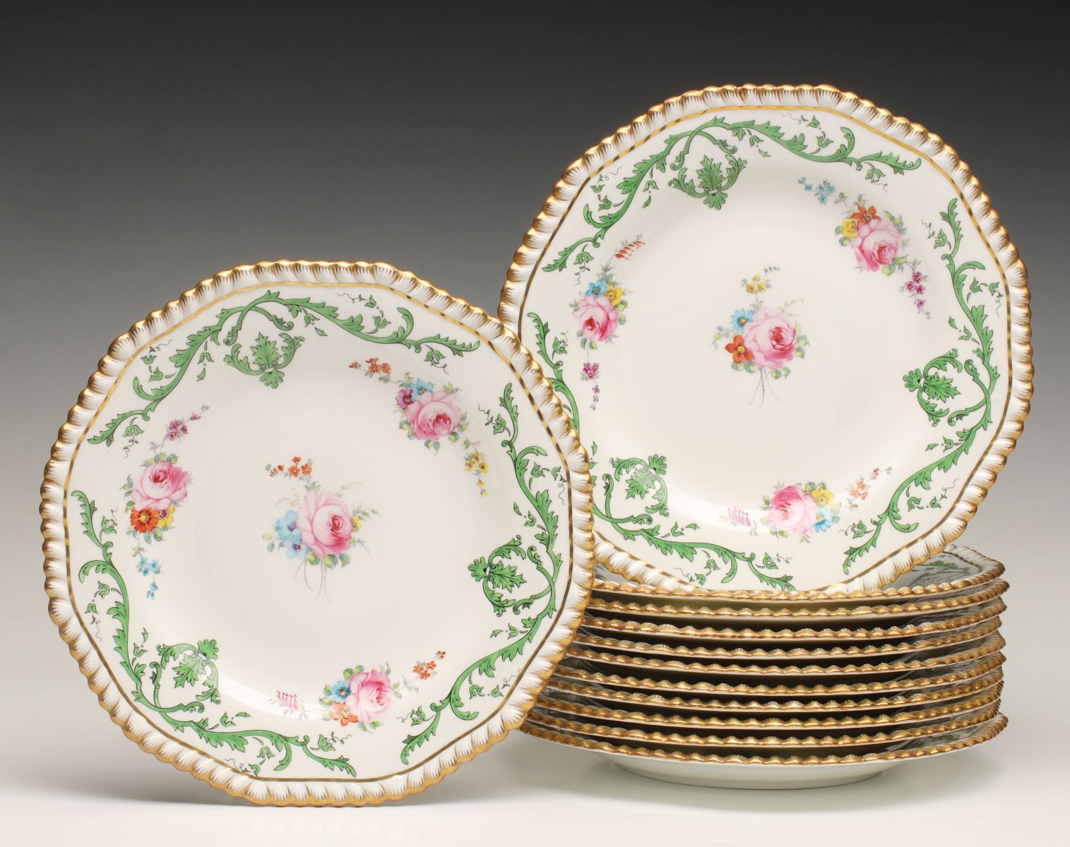 TWELVE FINE HAND PAINTED WEDGWOOD SERVICE PLATES