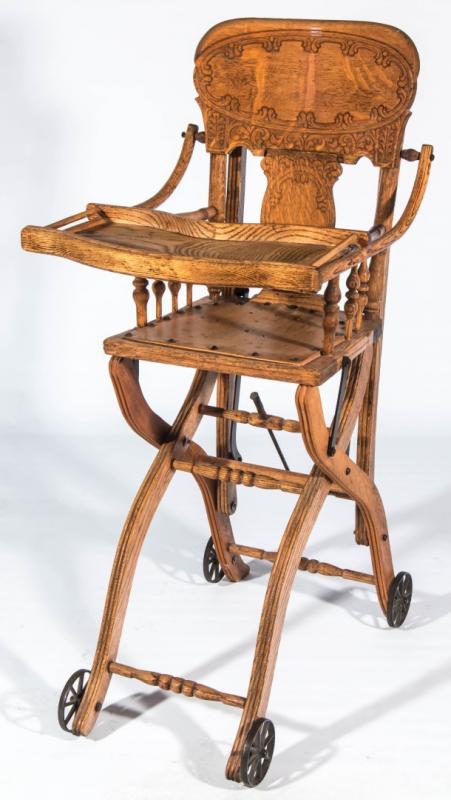 FANCY C. 1900 OAK HIGH CHAIR CONVERST TO STROLLER