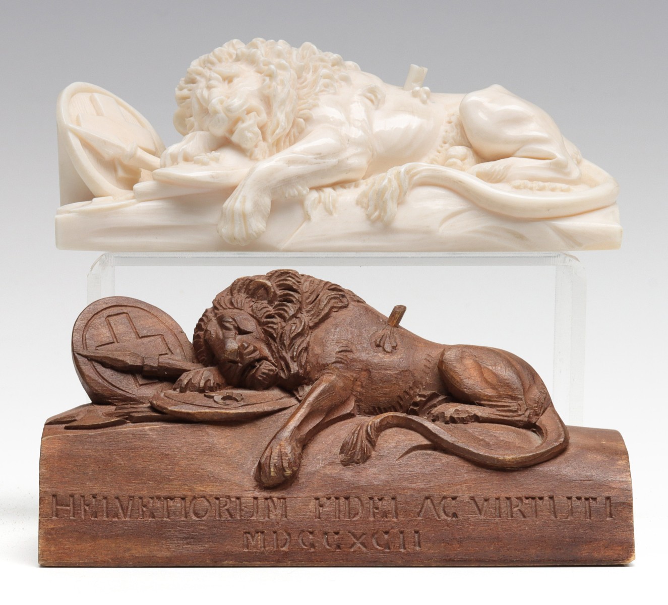 TWO ANTIQUE LION OF LUCERNE CARVINGS