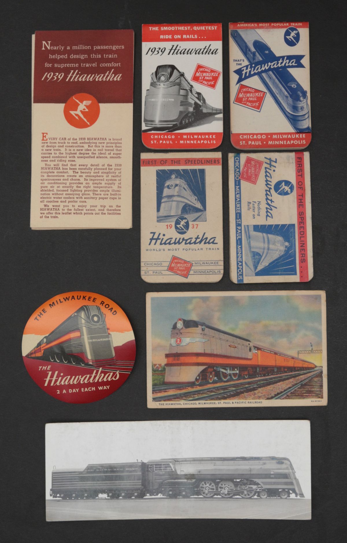 TEN PIECES OF C.M.St.P.&P. HIAWATHAS RAILROAD EPHEMERA