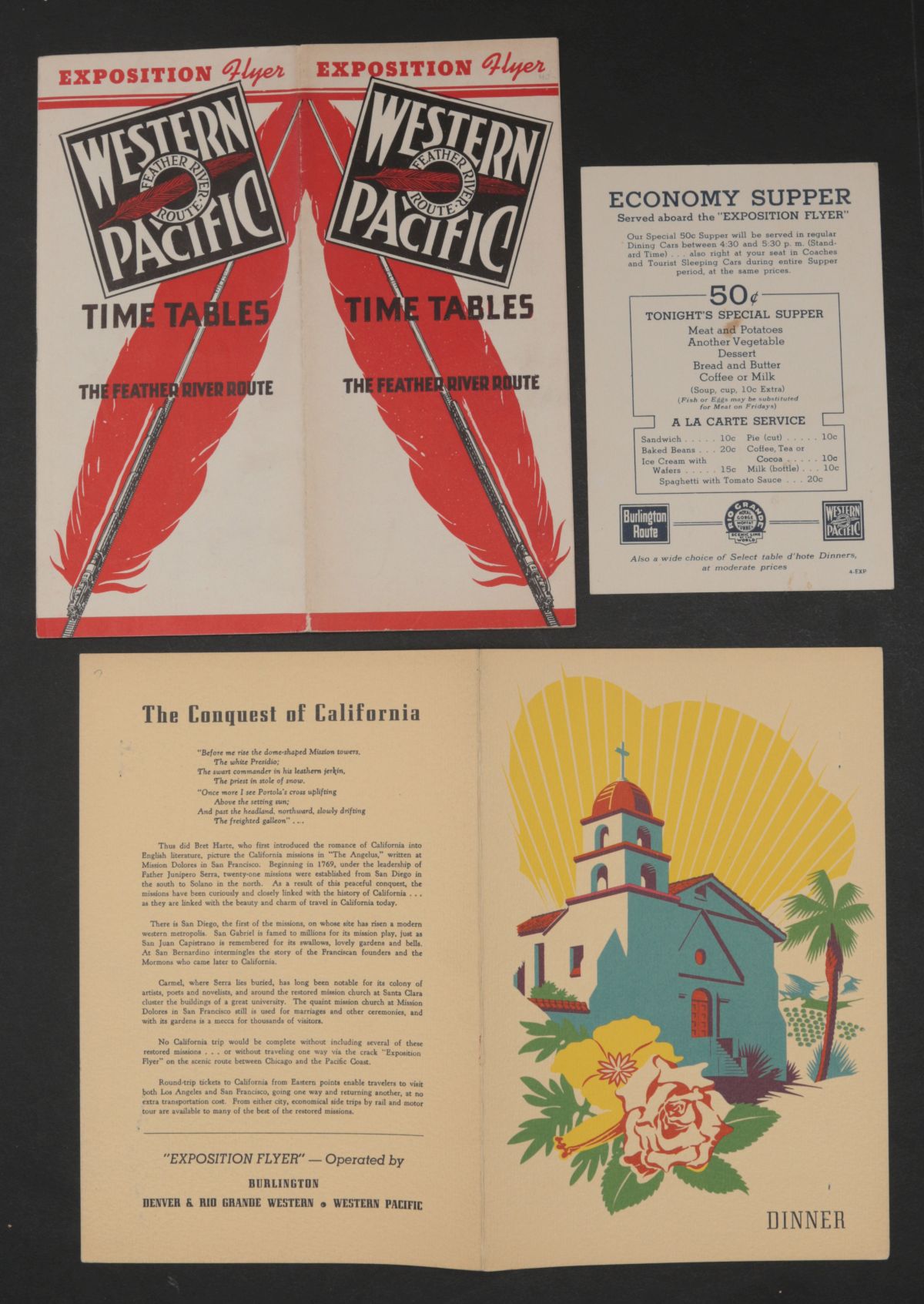 WESTERN RAILROAD TRAVEL EPHEMERA AND MENUS