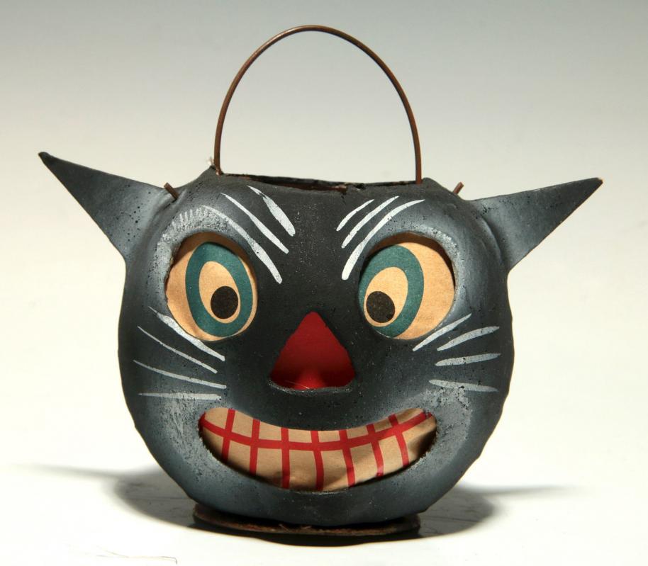 A RARE PAPIER MACHE BLACK CAT HALLOWEEN LANTERN 