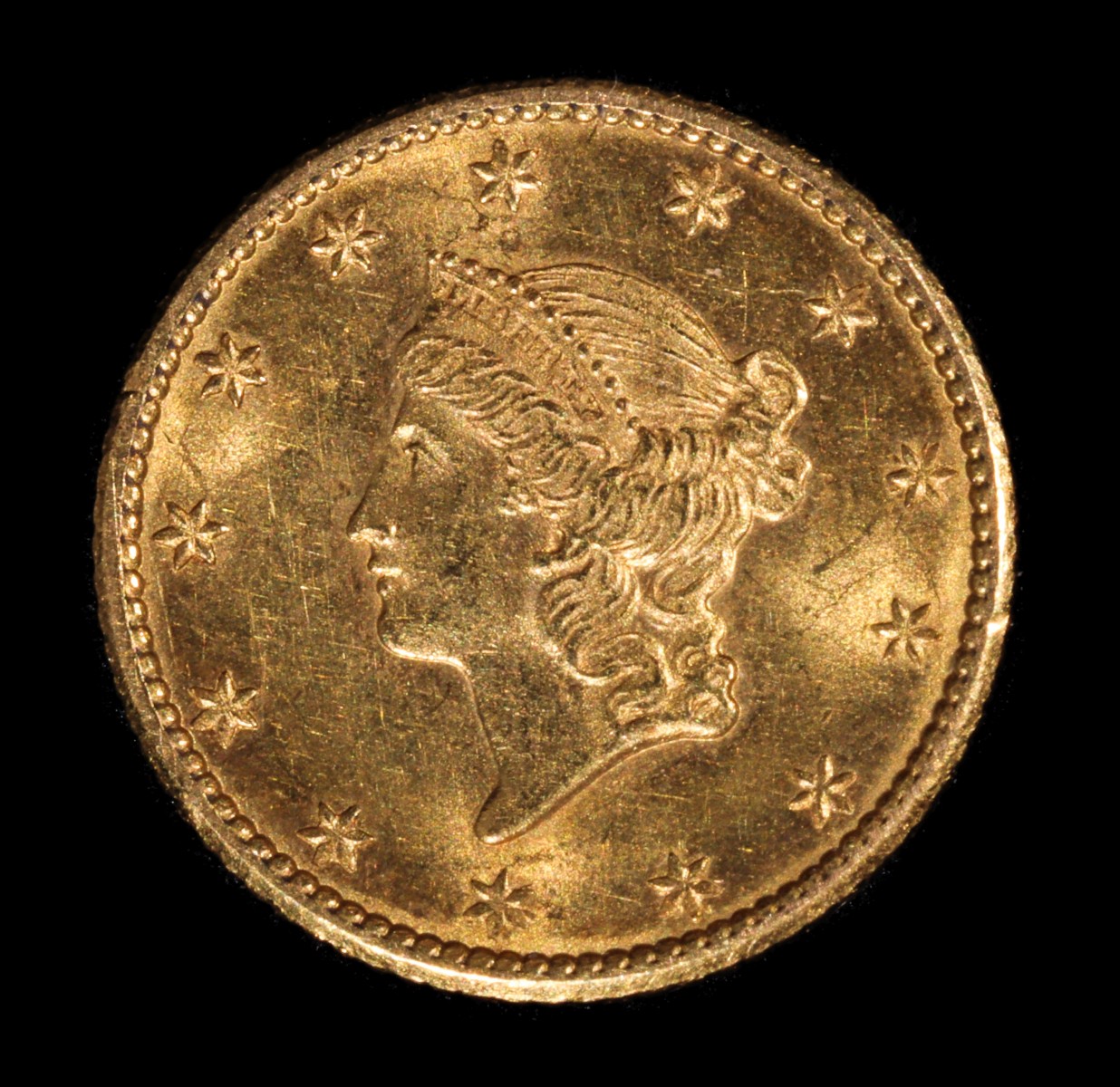 A US 1849 ONE DOLLAR GOLD PIECE IN VERY HIGH GRADE